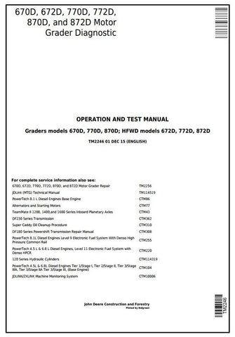 Pdf TM2246 John Deere 670D, 672D, 770D, 772D, 870D, 872D Motor Grader Diagnostic & Test Service Manual
