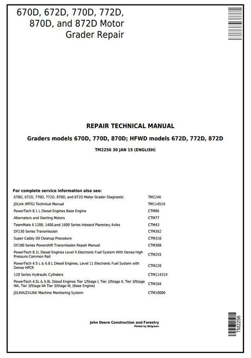 Pdf TM2256 John Deere 670D, 672D, 770D, 772D, 870D, 872D Motor Grader Repair Service Manual