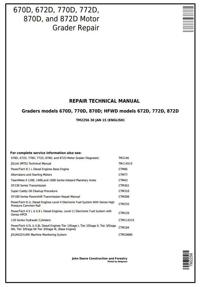 Pdf TM2256 John Deere 670D, 672D, 770D, 772D, 870D, 872D Motor Grader Repair Service Manual