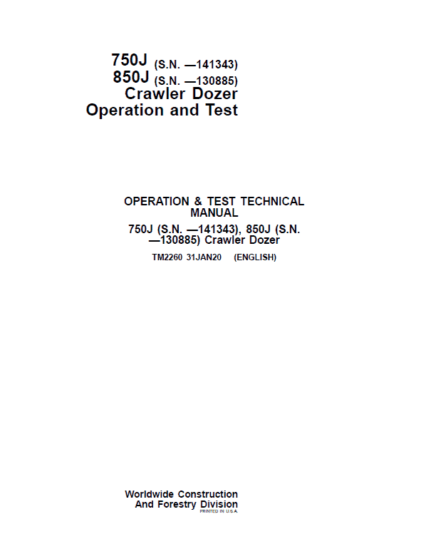 Pdf TM2260 John Deere 750J, 850J Crawler Dozer Diagnostic and Test Service Manual