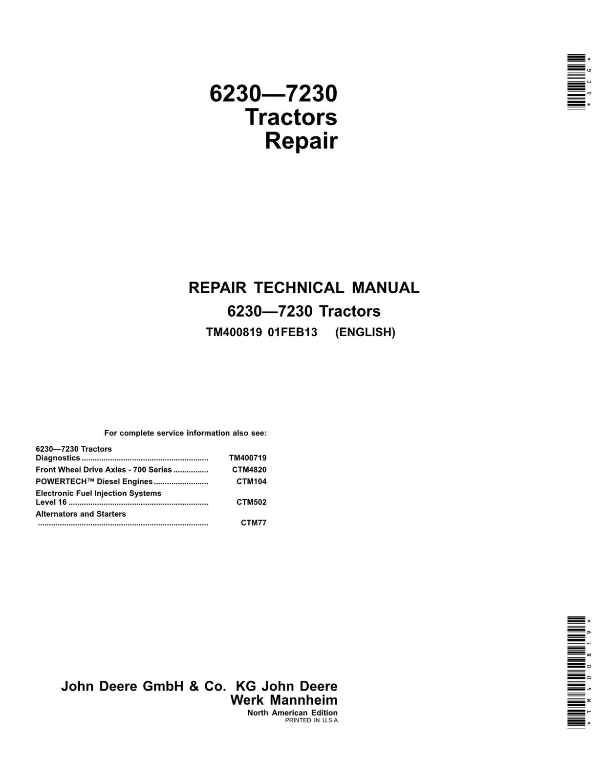 Pdf TM400819 John Deere 6230, 6330, 6430, 7130 & 7230 North American Tractor Repair Service Manual