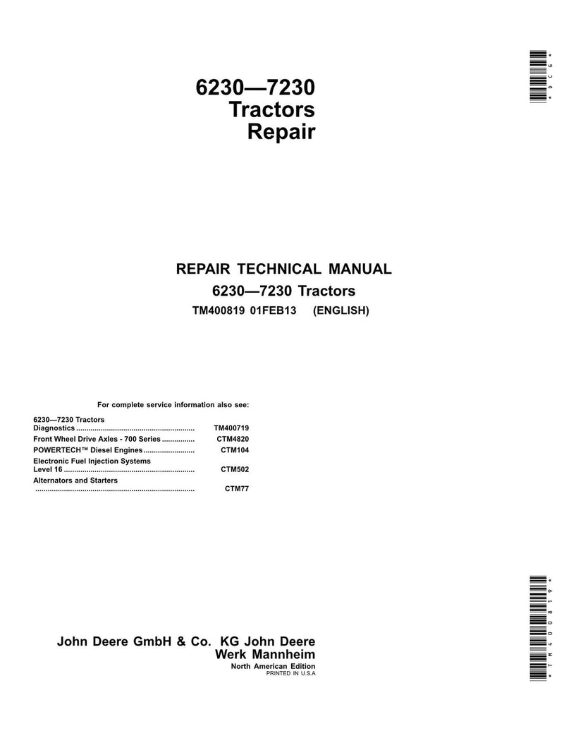 Pdf TM400819 John Deere 6230, 6330, 6430, 7130 & 7230 North American Tractor Repair Service Manual