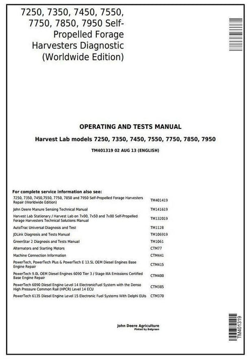 Pdf TM401419 John Deere 7250, 7350, 7450, 7550, 7750, 7850, 7950 Forage Harvester Repair Service Manual