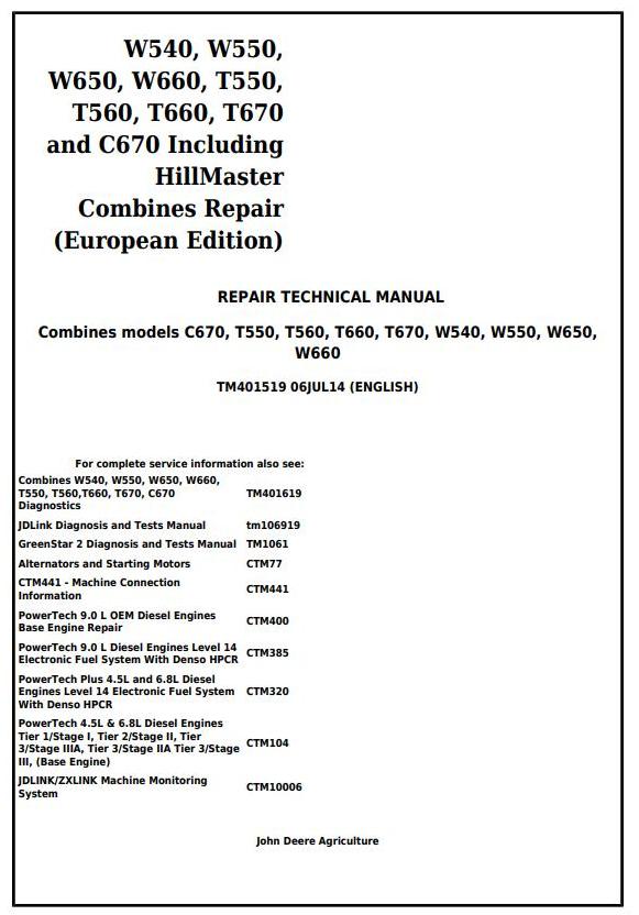 Pdf TM401519 John Deere W540, W550, W650, W660, T550, T560, T660, T670, C670 Combine Repair Service Manual