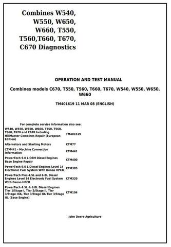 PDF TM401619 John Deere W540 W550 W650 W660 T550 T560 T660 T670 C670 Combine Diagnostic and Test Service Manual