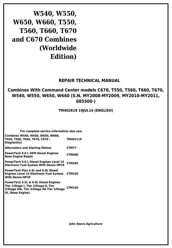 Pdf TM402619 John Deere W540, W550, W650, W660, T550, T560, T660, T670, C670 Combine Repair Service Manual