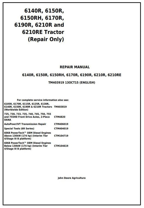 Pdf TM403919 John Deere 6140R 6150R 6150RH 6170R 6190R 6210R 6210RE Tractor Repair Service Manual