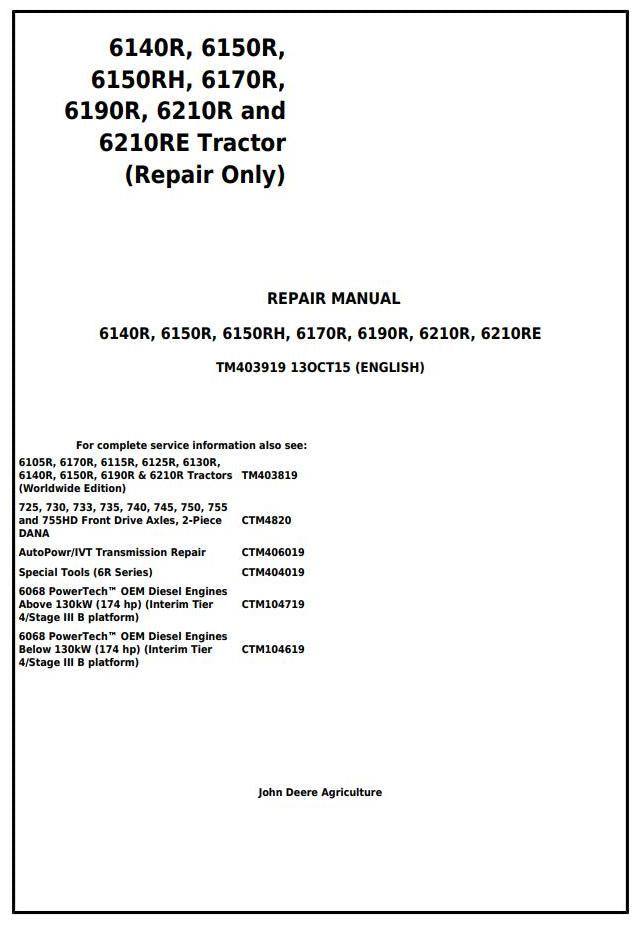 Pdf TM403919 John Deere 6140R, 6150R, 6150RH, 6170R, 6190R, 6210R, 6210RE Tractor Repair Service Manual