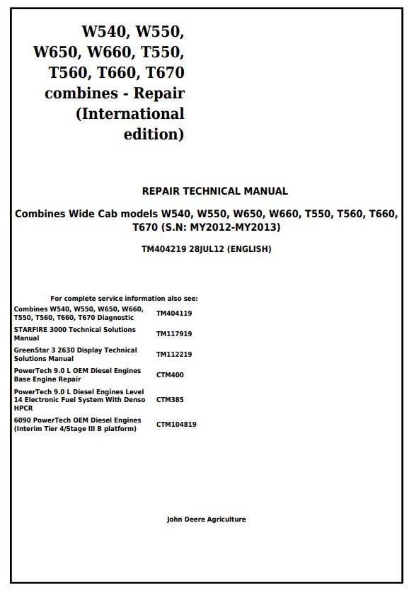 Pdf TM404219 John Deere W540, W550, W650, W660, T550, T560, T660, T670 Combine Repair Service Manual