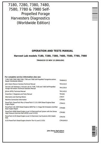 PDF TM404319 John Deere 7180, 7280, 7380, 7480, 7580, 7780, 7980 Forage Harvester Diagnostic and Test Service Manual