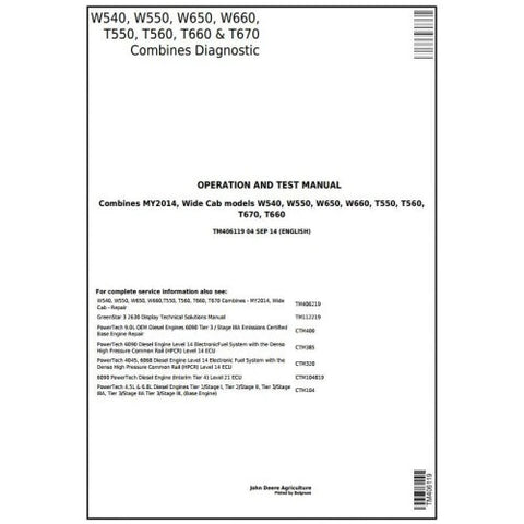 PDF TM406119 John Deere W540 W550 W650 W660 T550 T560 T660 T670 Combine Diagnostic and Test Service Manual