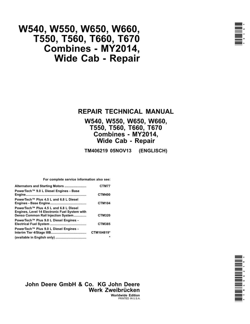 PDF TM406219 John Deere W540 W550 W650 W660 T550 T560 T660 T670 Combine Repair Service Manual