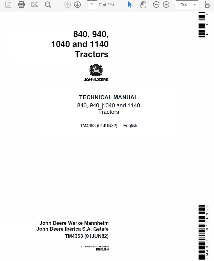 TM4353 - John Deere 840 940 1040 1140 Tractor Repair Service Manual