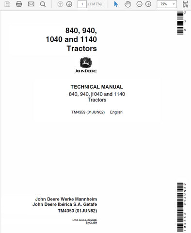 TM4353 - John Deere 840 940 1040 1140 Tractor Repair Service Manual