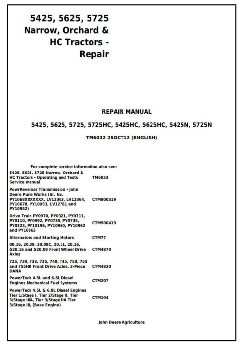 Pdf TM6032 John Deere 5425 5425HC 5425N 5625 5625HC 5725 5725N Tractor Repair Service Manual