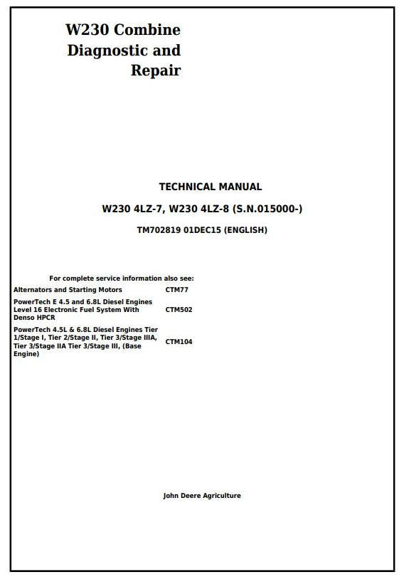 Pdf TM702819 John Deere W230 (4LZ-7, 4LZ-8) Combine Diagnostic and Test service Manual