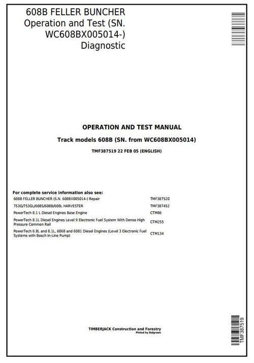 Pdf TMF387519 John Deere Timberjack 608B Feller Buncher Diagnostic and Test Service Manual